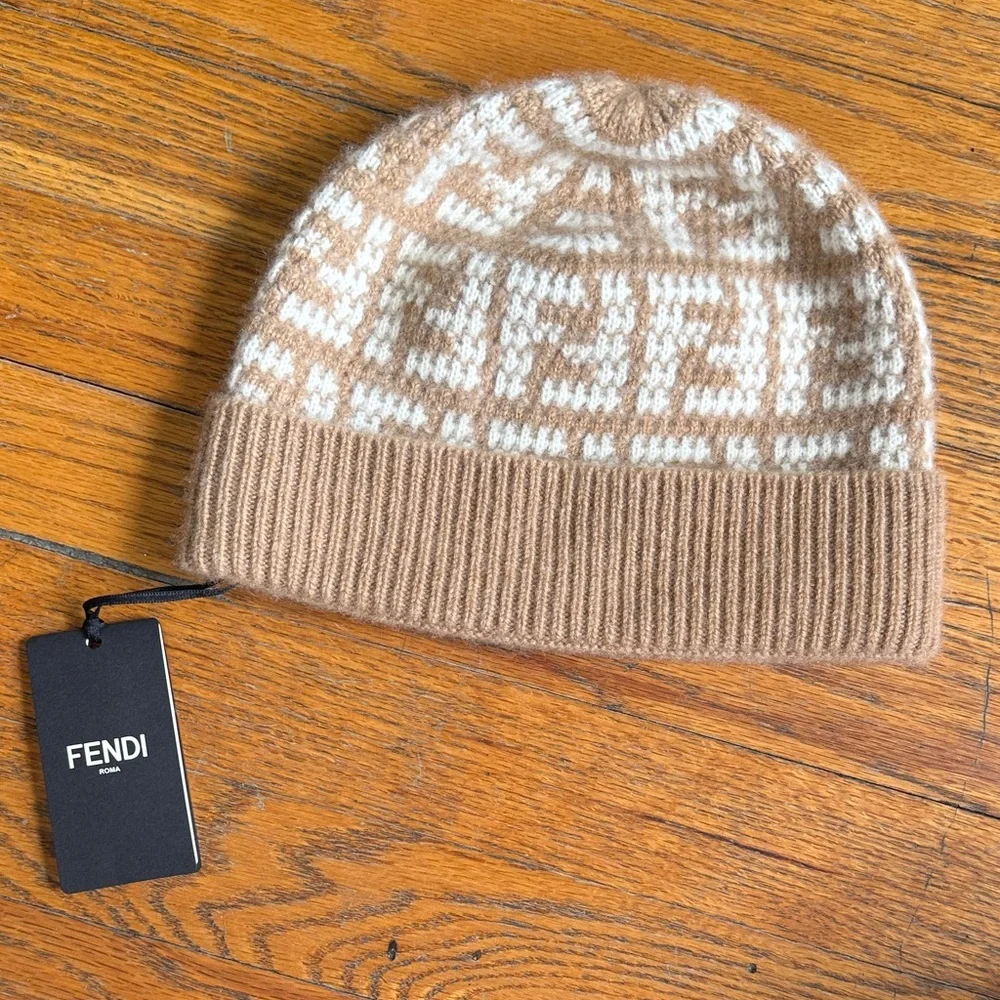 FENDI FF Jacquard Monogram Cashmere Beanie Hat